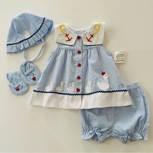 Vintage 6-9 Months Baby Girl Ducks Dress Hat Shoes Set Spring Easter Summer